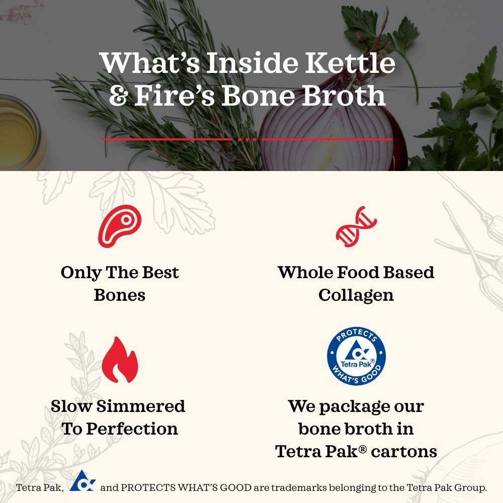 Kettle and Fire Classic Beef Bone Broth, Keto, Paleo, and Whole 30 Approved, Gluten Free, High in Protein and Collagen (6 Pack) Grass-Fed, Pasture-Raised Beef Bone Broth, 19g Protein, Gluten Free Certified, Glyphosate Residue-Free, Whole30, Keto & Paleo