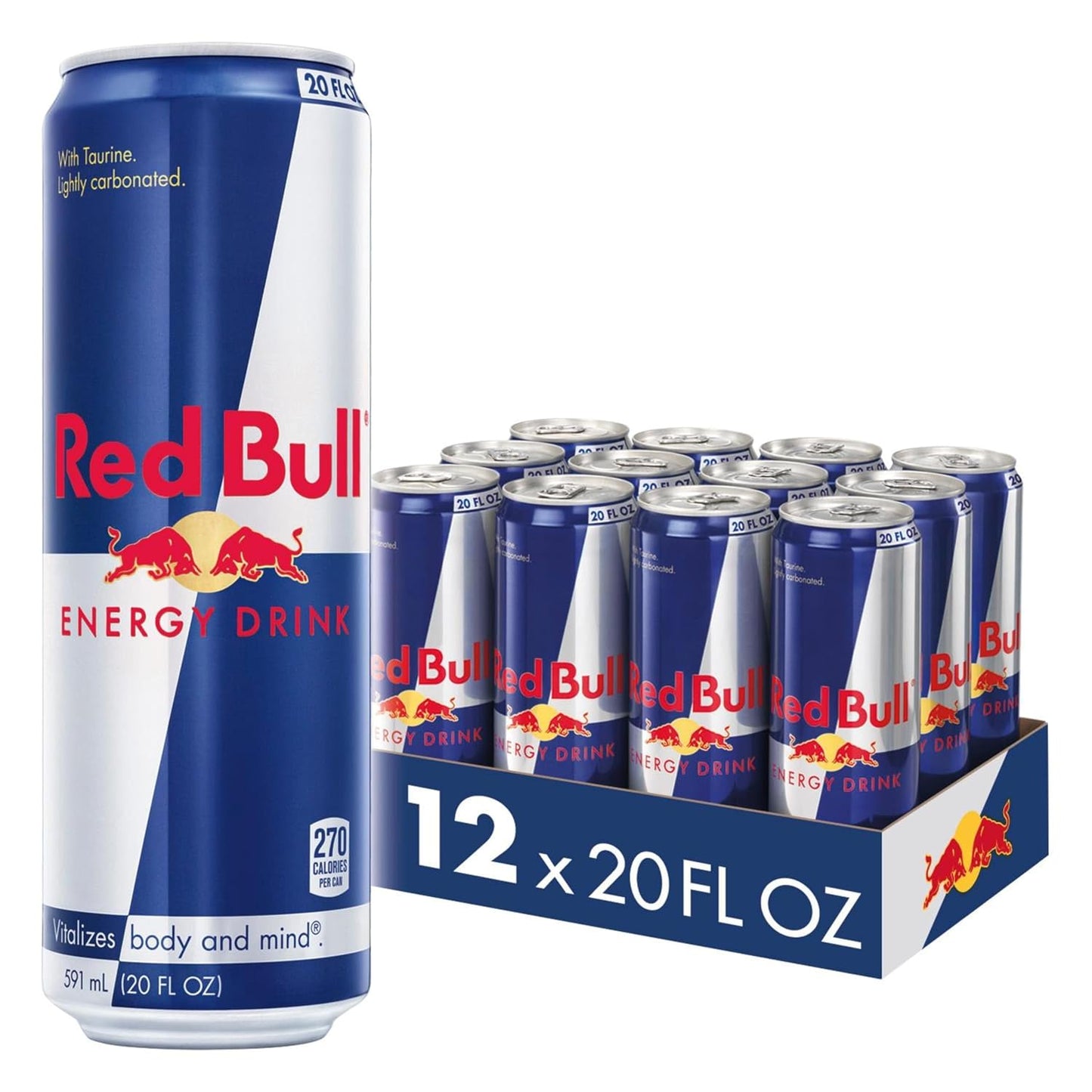Red Bull Energy Drink contains caffeine, taurine, B-vitamins, sugar, and water, 20 fl oz, pack of 12 cans