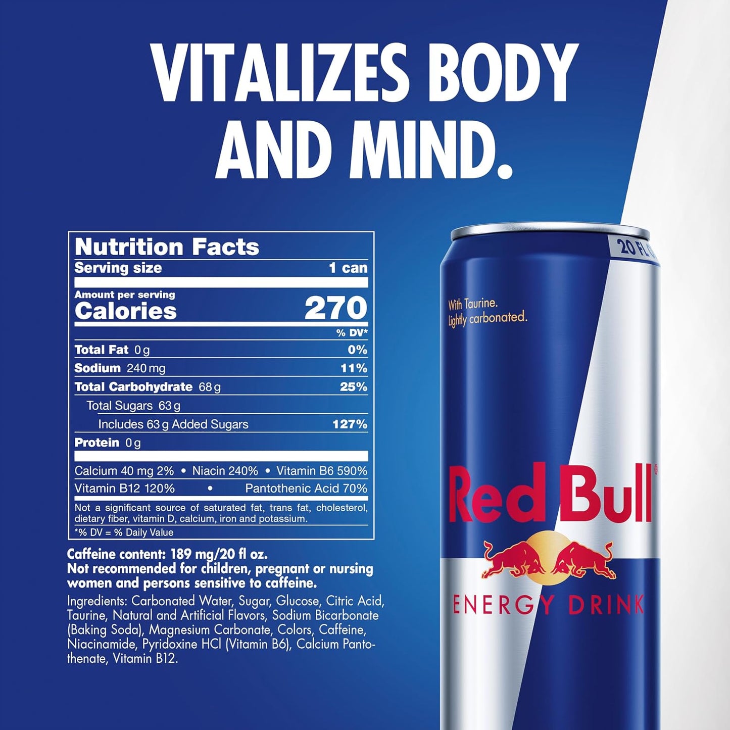 Red Bull Energy Drink contains caffeine, taurine, B-vitamins, sugar, and water, 20 fl oz, pack of 12 cans