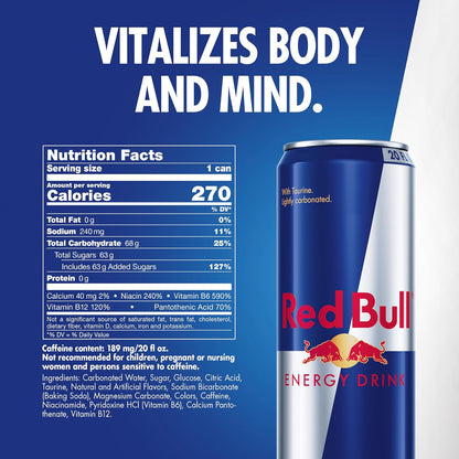 Red Bull Energy Drink contains caffeine, taurine, B-vitamins, sugar, and water, 20 fl oz, pack of 12 cans