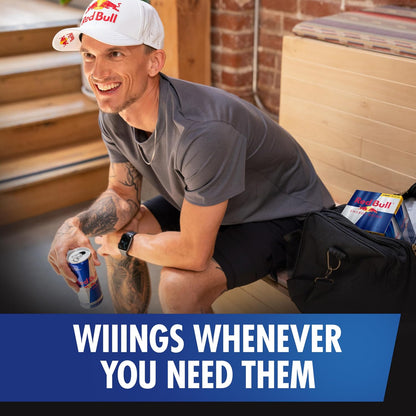 Red Bull Energy Drink contains caffeine, taurine, B-vitamins, sugar, and water, 20 fl oz, pack of 12 cans