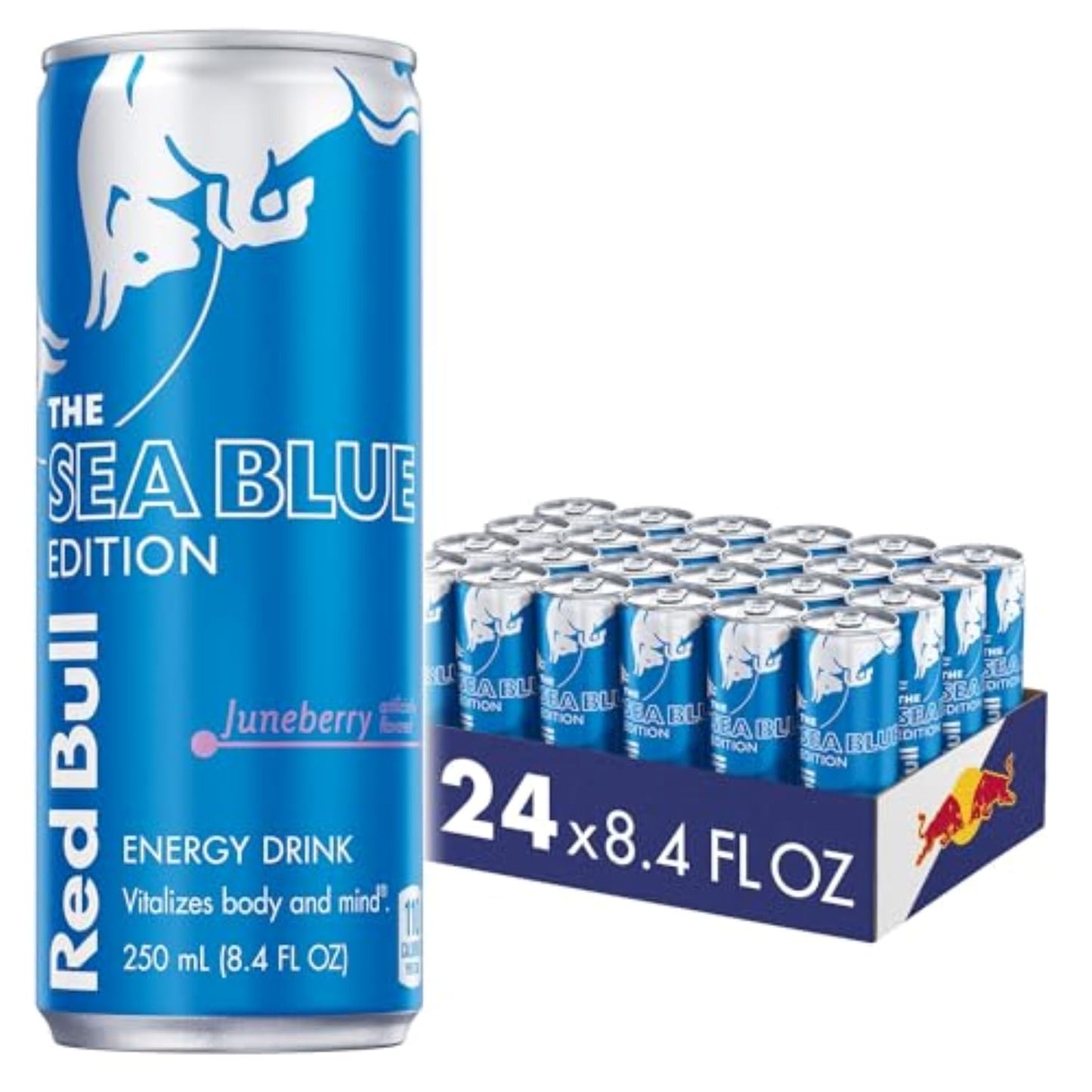 Red Bull Energy Drink, Juneberry, Sea Blue Edition contains caffeine, taurine, B-vitamins, sugar, and water, 8.4 fl oz can