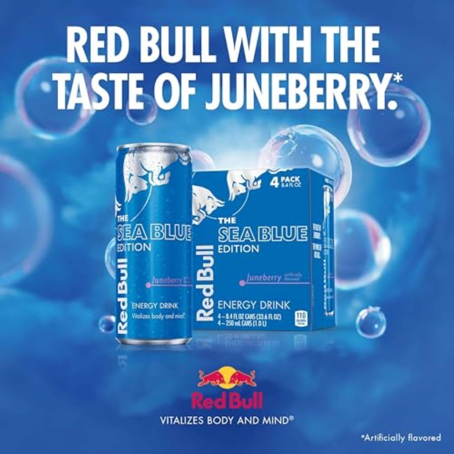 Red Bull Energy Drink, Juneberry, Sea Blue Edition contains caffeine, taurine, B-vitamins, sugar, and water, 8.4 fl oz can
