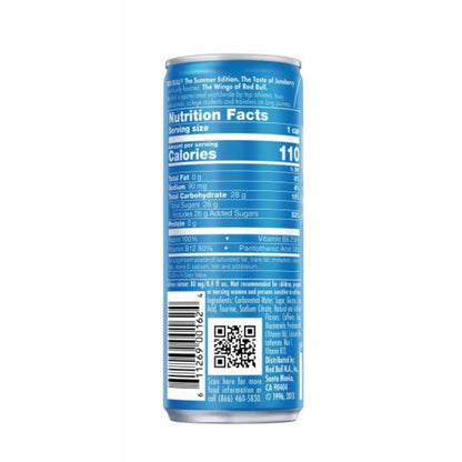 Red Bull Energy Drink, Juneberry, Sea Blue Edition contains caffeine, taurine, B-vitamins, sugar, and water, 8.4 fl oz can