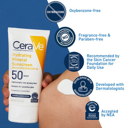 CeraVe Hydrating Mineral Sunscreen SPF 50 Body Lotion for Sensitive Skin, Kids & Adults 5 fl oz