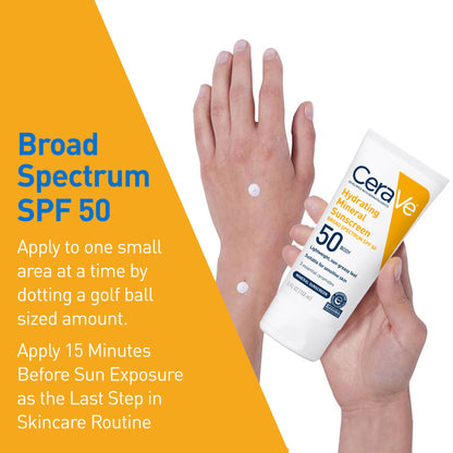 CeraVe Hydrating Mineral Sunscreen SPF 50 Body Lotion for Sensitive Skin, Kids & Adults 5 fl oz