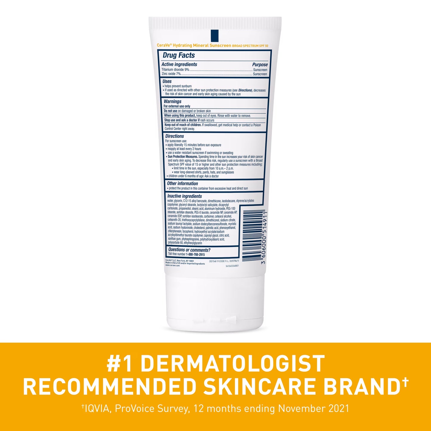 CeraVe Hydrating Mineral Sunscreen SPF 50 Body Lotion for Sensitive Skin, Kids & Adults 5 fl oz
