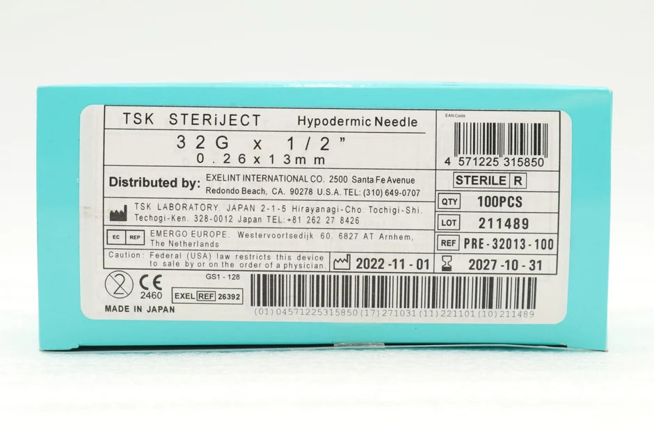 TSK Laboratory | PRE-32013 | LABORATORY STERiJECT Hypodermic Needles 32g x 1/2 " (PRE-32013-100)