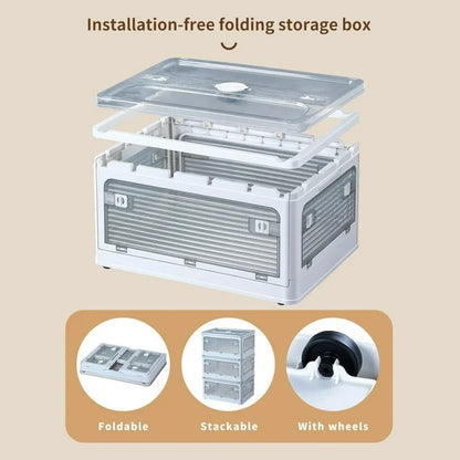 Plastic Storage Bins with Lids, 3 Packs Folding Stackable Storage Bins with Doors and Wheels, Transparent Storage Cabinet Box Organizers and Storage Containers, 85L