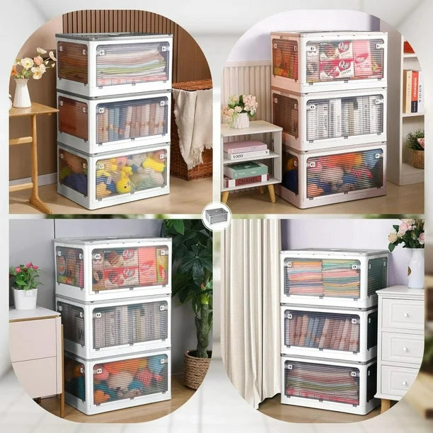 Plastic Storage Bins with Lids, 3 Packs Folding Stackable Storage Bins with Doors and Wheels, Transparent Storage Cabinet Box Organizers and Storage Containers, 85L