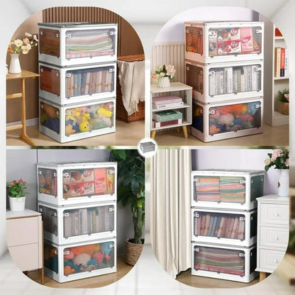Plastic Storage Bins with Lids, 3 Packs Folding Stackable Storage Bins with Doors and Wheels, Transparent Storage Cabinet Box Organizers and Storage Containers, 85L