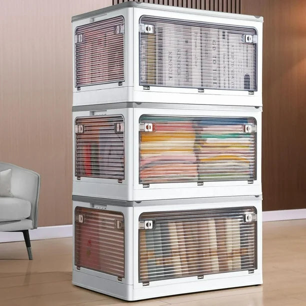 Plastic Storage Bins with Lids, 3 Packs Folding Stackable Storage Bins with Doors and Wheels, Transparent Storage Cabinet Box Organizers and Storage Containers, 85L