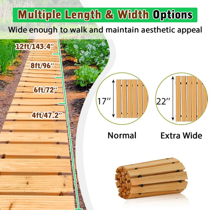 Atsknsk Wooden Garden Pathway Extra Wide, 12' Outdoor Walkway with Anti Slip Solid Wood Slats Connected by Steel Wires Roll Out Decorative Boardwalk for Beach Flooring, and Party Patio Paths