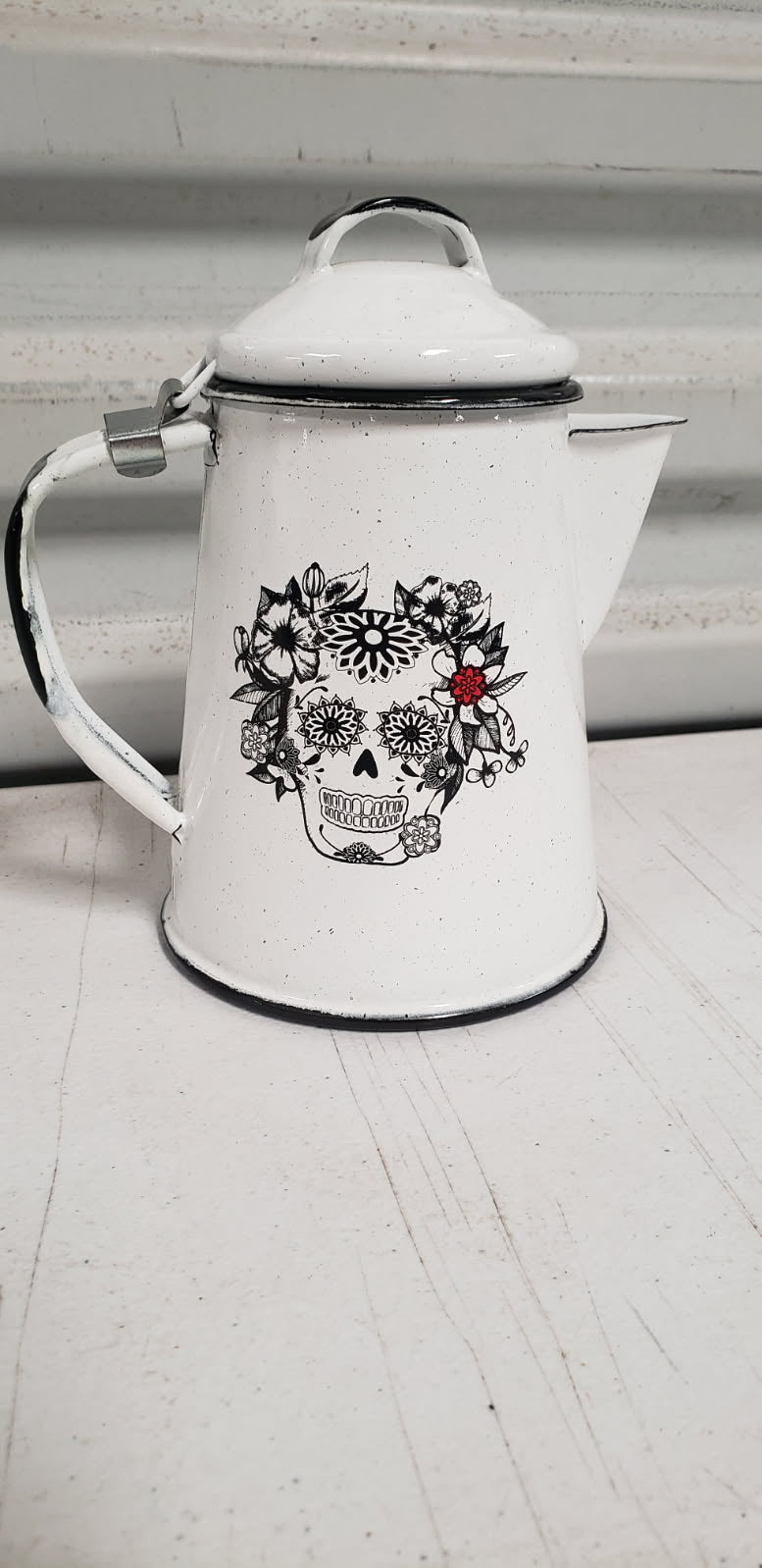 Enamel (Peltre) Coffee Pot, White with Black Skull Designed by Mexican Artist (Maritza Morillas), 5.9 in Tall, 16 OZ