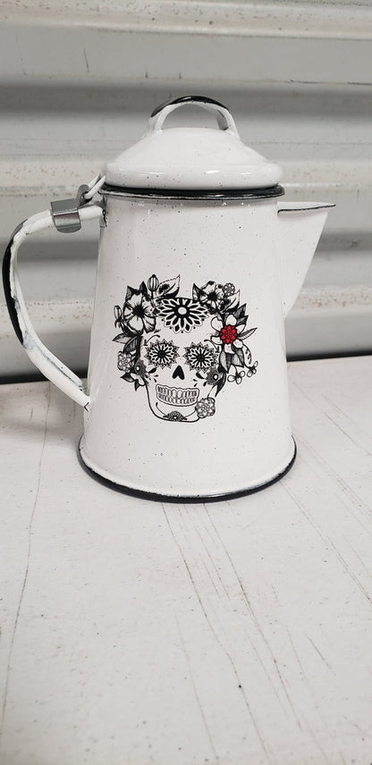 Enamel (Peltre) Coffee Pot, White with Black Skull Designed by Mexican Artist (Maritza Morillas), 5.9 in Tall, 16 OZ
