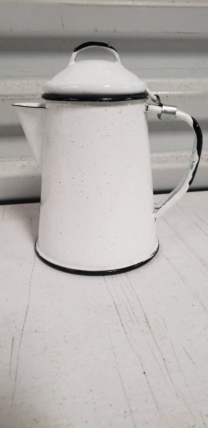 Enamel (Peltre) Coffee Pot, White with Black Skull Designed by Mexican Artist (Maritza Morillas), 5.9 in Tall, 16 OZ