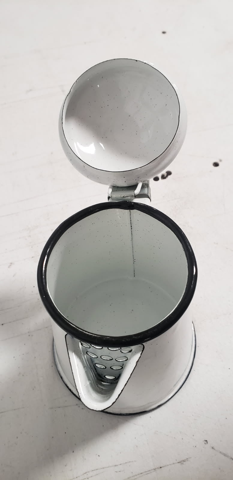 Enamel (Peltre) Coffee Pot, White with Black Skull Designed by Mexican Artist (Maritza Morillas), 5.9 in Tall, 16 OZ