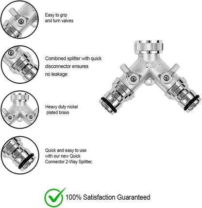 Morvat Nickel Plated Brass Garden Hose 2-Way Splitter & Quick Connect Fittings