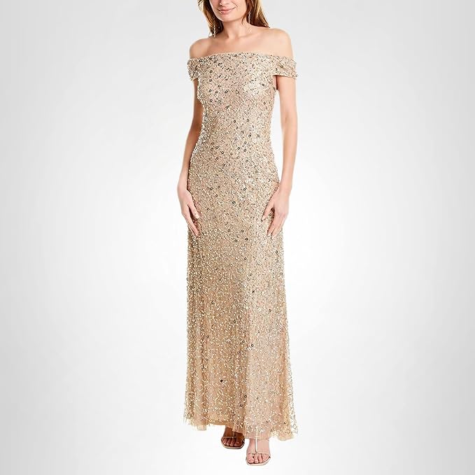 Adrianna Papell Women's Off The Shoulder Sequin Beaded Gown