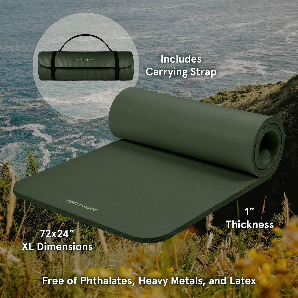 Retrospec Solana Spruce yoga mat with dimensions and carrying strap
