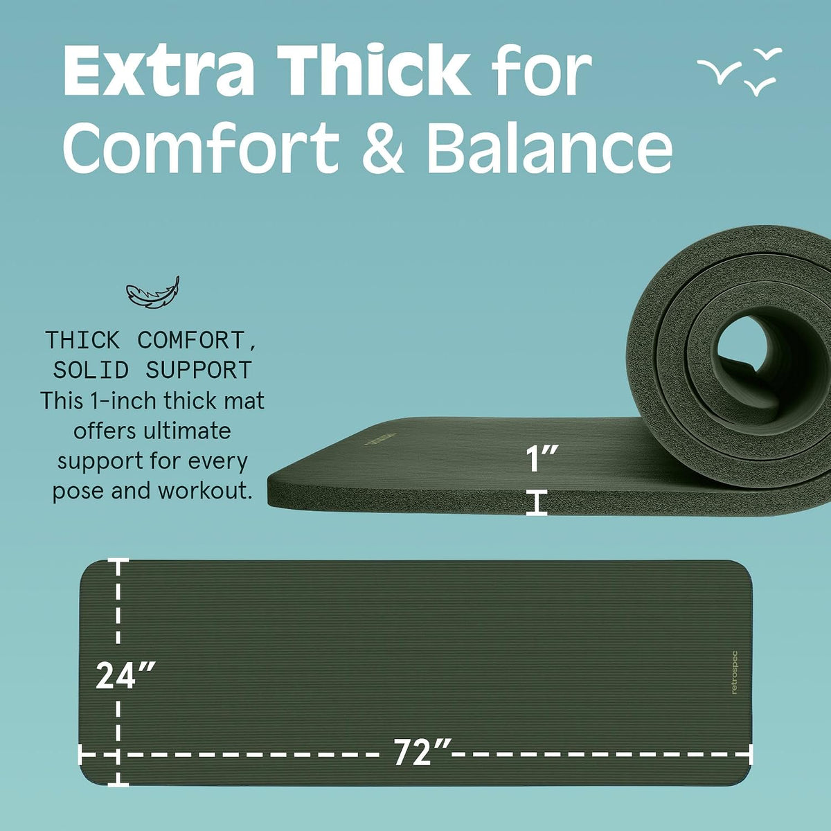 Retrospec Solana Spruce yoga mat showing 1-inch thickness and 72-by-24-inch dimensions