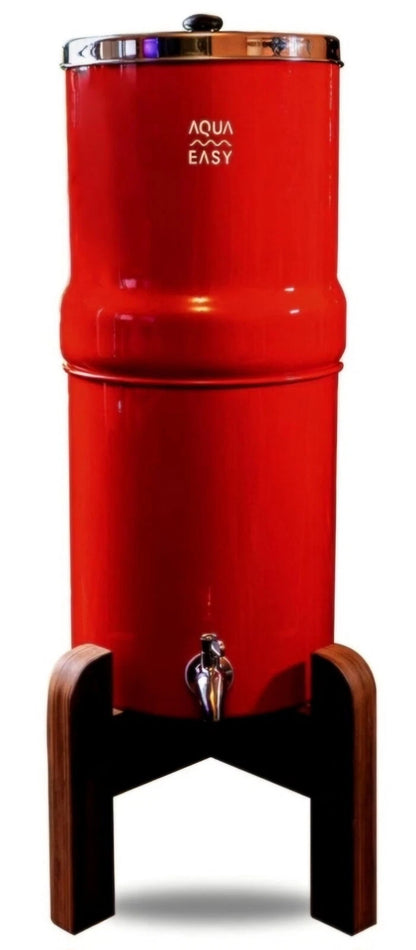 AquaEasy Stainless Steel Gravity Water Filter 2.25 Gal Wood Stand SS Tap Red