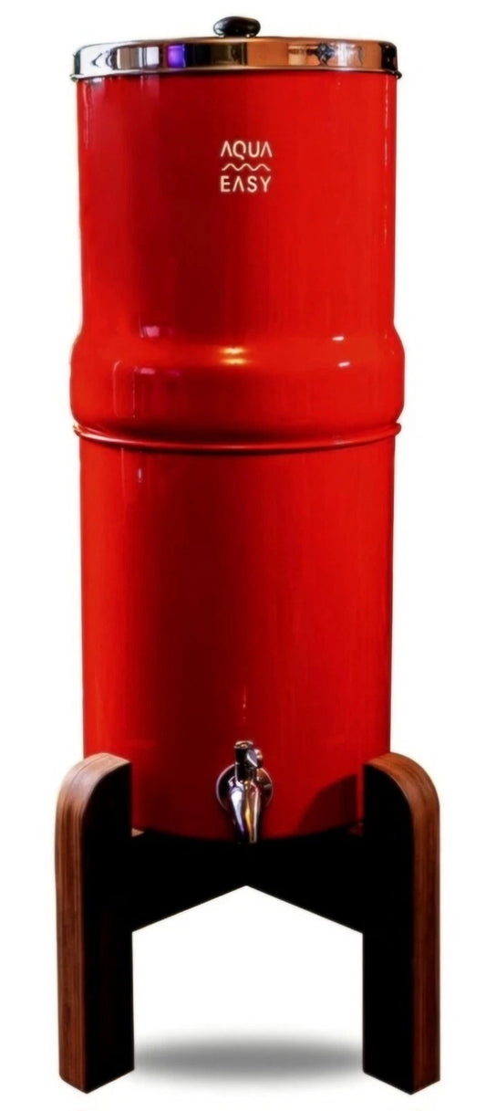 AquaEasy Stainless Steel Gravity Water Filter 2.25 Gal Wood Stand SS Tap Red