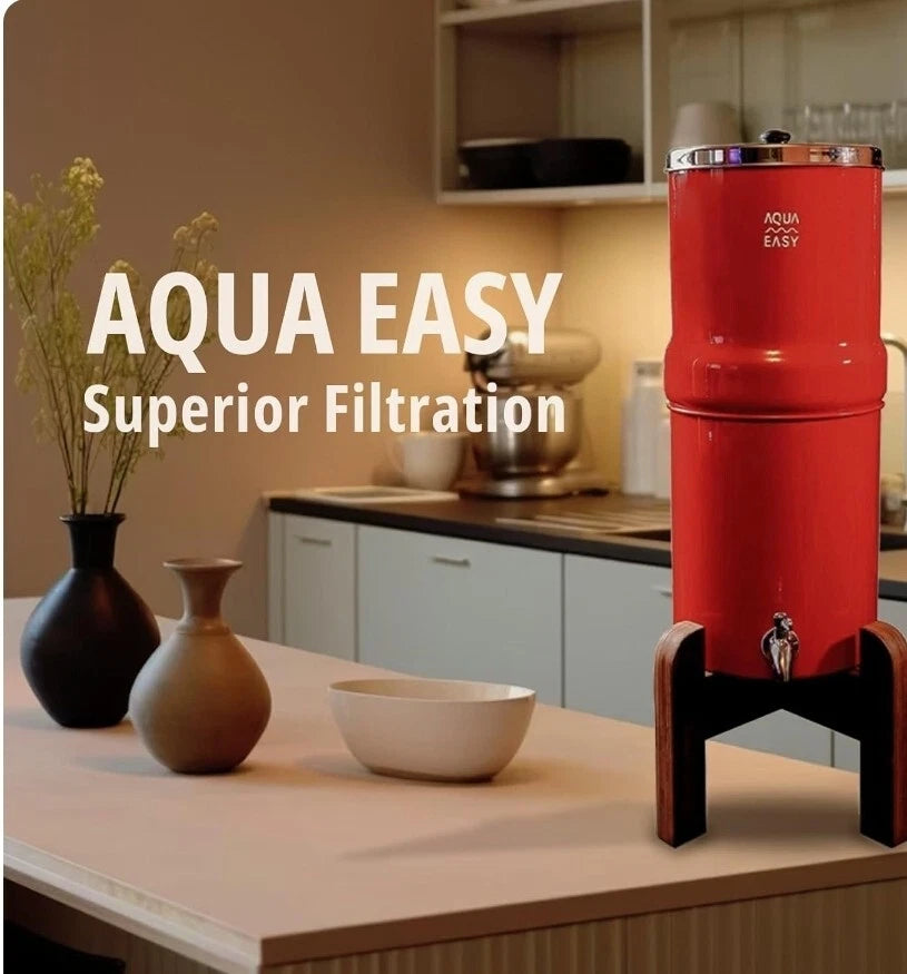 AquaEasy Stainless Steel Gravity Water Filter 2.25 Gal Wood Stand SS Tap Red