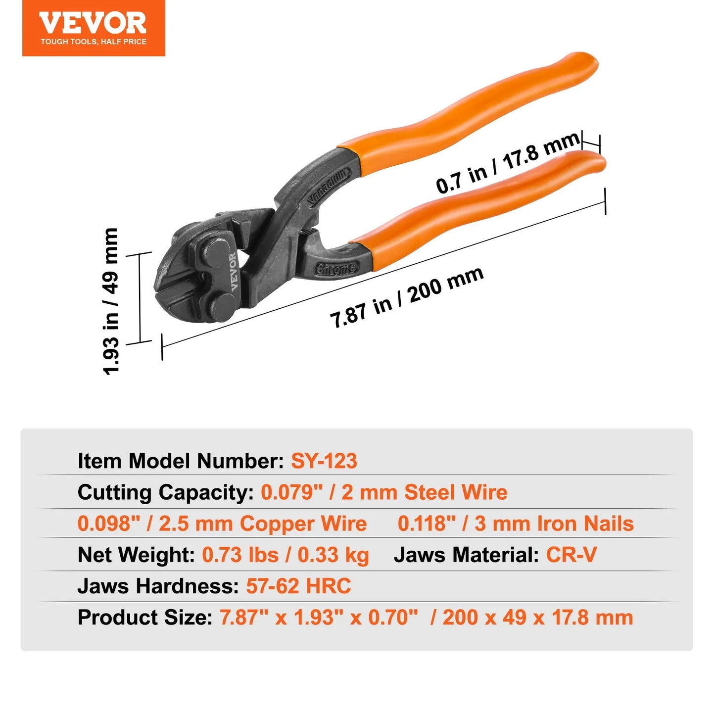 VEVOR Bolt Cutter, 8" Mini Lock Cutter, Streamlined Ergonomic Handle, Chromium Vanadium Alloy Steel Blade, Heavy Duty Bolt Cutter for Rods, Bolts, Cables, Steel Wires, Rivets, and Chains